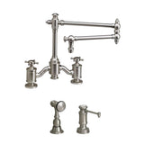 Waterstone - Waterstone Towson Bridge Faucet - 18'' Articulated Spout - Cross Handles - 2pc. Suite - Unlacquered Polished Brass