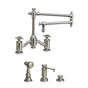 Waterstone - Waterstone Towson Bridge Faucet - 18'' Articulated Spout - Cross Handles - 3pc. Suite - Unlacquered Polished Brass
