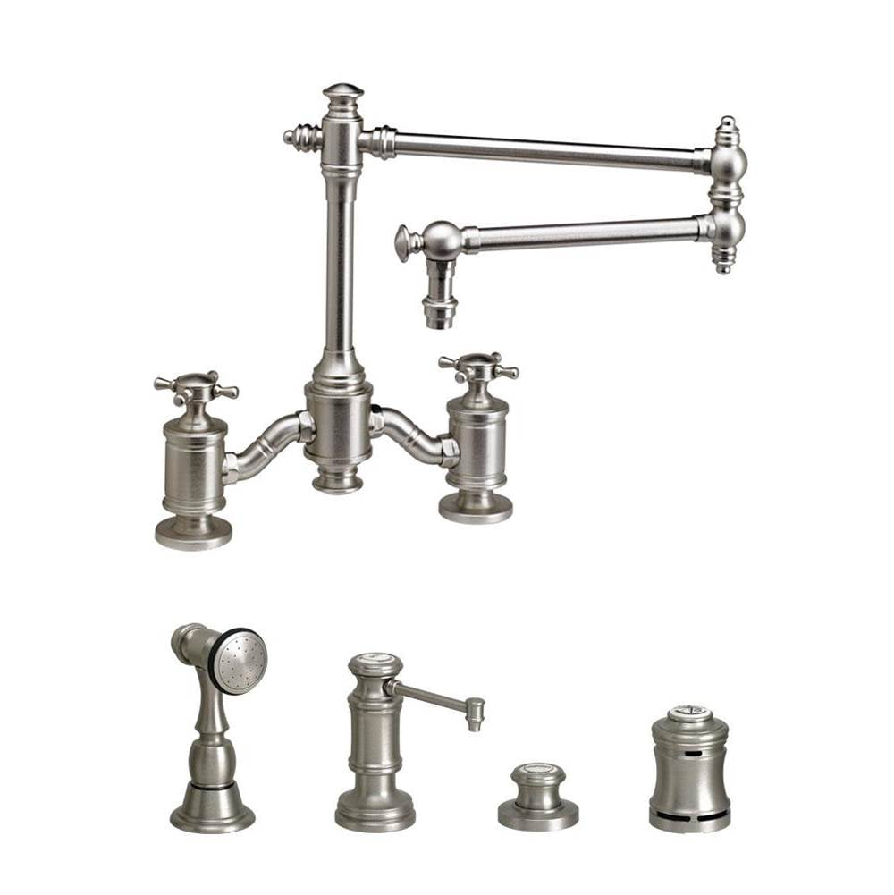 Waterstone - Waterstone Towson Bridge Faucet - 18'' Articulated Spout - Cross Handles - 4pc. Suite - Matte White