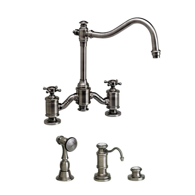 Waterstone - Waterstone Annapolis Bridge Faucet - Cross Handles - 3pc. Suite - Unlacquered Polished Brass