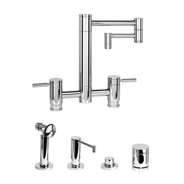 Waterstone - Waterstone Hunley Bridge Faucet - 12'' Articulated Spout - 4pc. Suite - Unlacquered Polished Brass