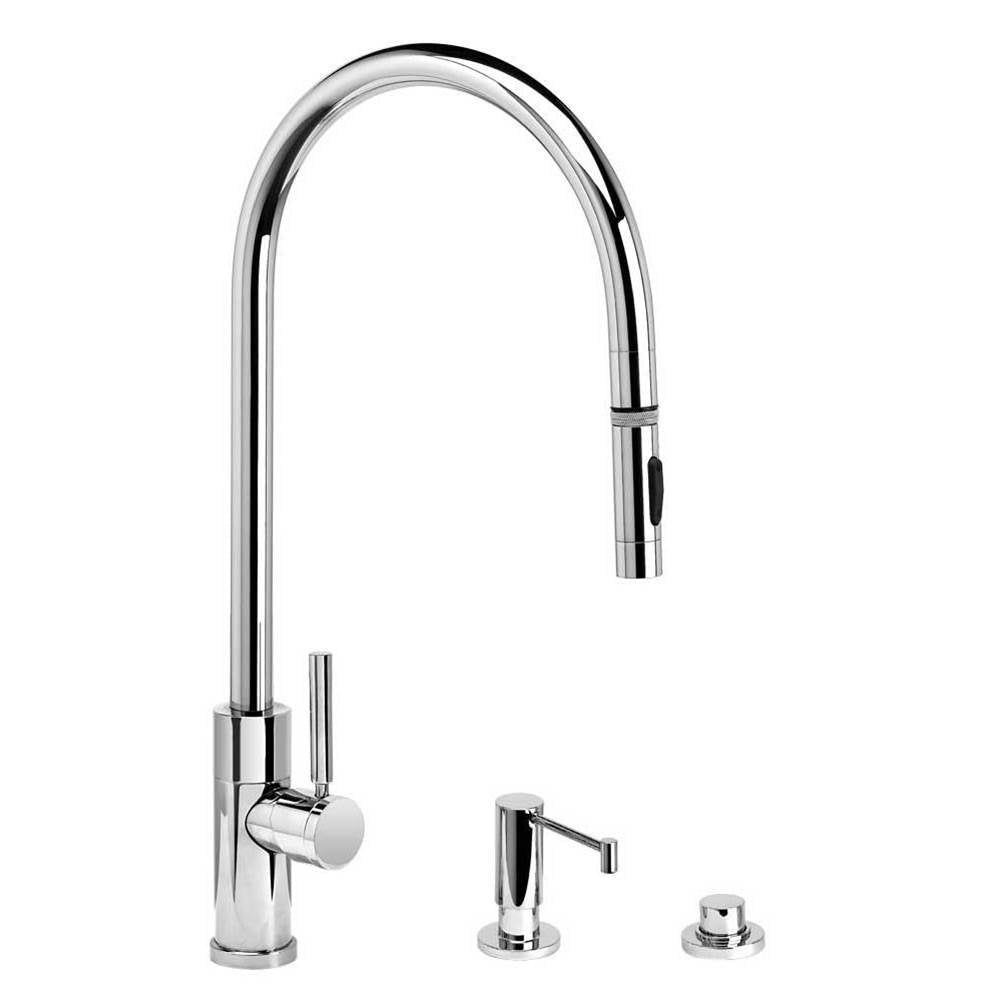 Waterstone - Waterstone Modern Extended Reach PLP Pulldown Faucet - Toggle Sprayer - 3pc. Suite - Unlacquered Polished Brass