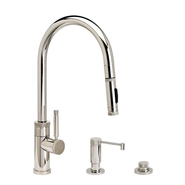 Waterstone - Waterstone Industrial PLP Pulldown Faucet - Toggle Sprayer - Angled Spout - 3pc. Suite - Unlacquered Polished Brass