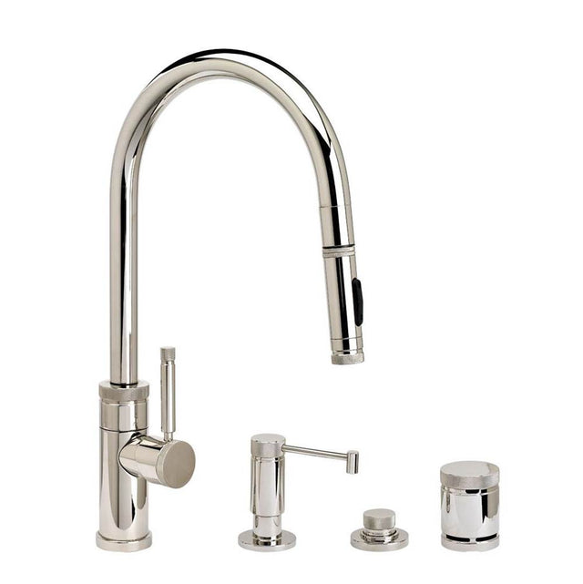 Waterstone - Waterstone Industrial PLP Pulldown Faucet - Toggle Sprayer - Angled Spout - 4pc. Suite - Unlacquered Polished Brass