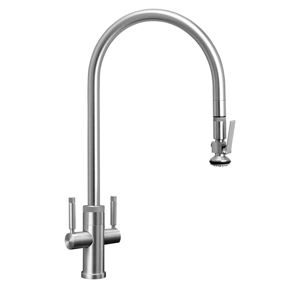Waterstone - Industrial 2 Handle Pull-Down Kitchen Faucet, Lever Spray, Ext. Reach, Lever Handle - Unlacquered Polished Brass