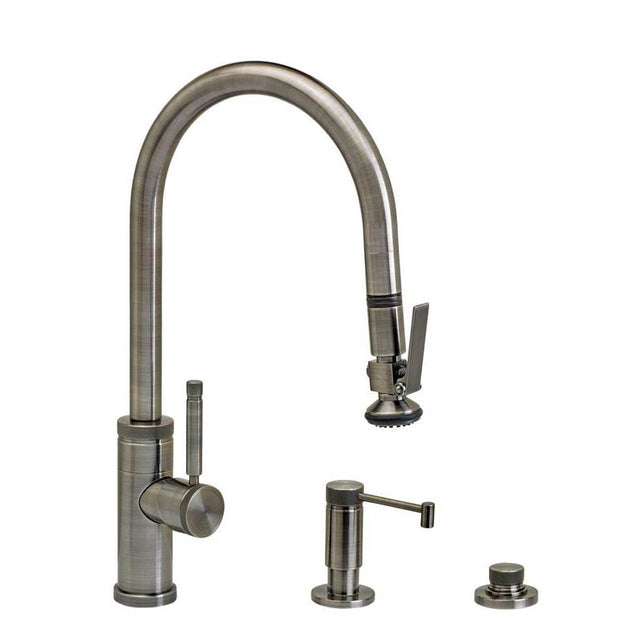 Waterstone - Waterstone Industrial PLP Pulldown Faucet - Lever Sprayer - Angled Spout - 3pc. Suite - Unlacquered Polished Brass