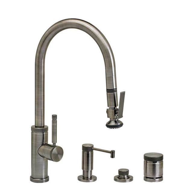 Waterstone - Waterstone Industrial PLP Pulldown Faucet - Lever Sprayer - Angled Spout - 4pc. Suite - Unlacquered Polished Brass