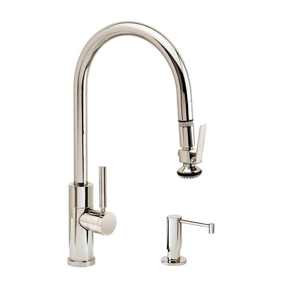 Waterstone - Waterstone Modern PLP Pulldown Faucet - Lever Sprayer - Angled Spout - 2pc. Suite - Unlacquered Polished Brass