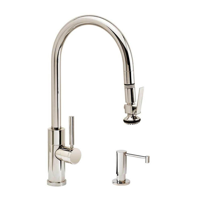 Waterstone - Waterstone Modern PLP Pulldown Faucet - Lever Sprayer - Angled Spout - 2pc. Suite - Unlacquered Polished Brass