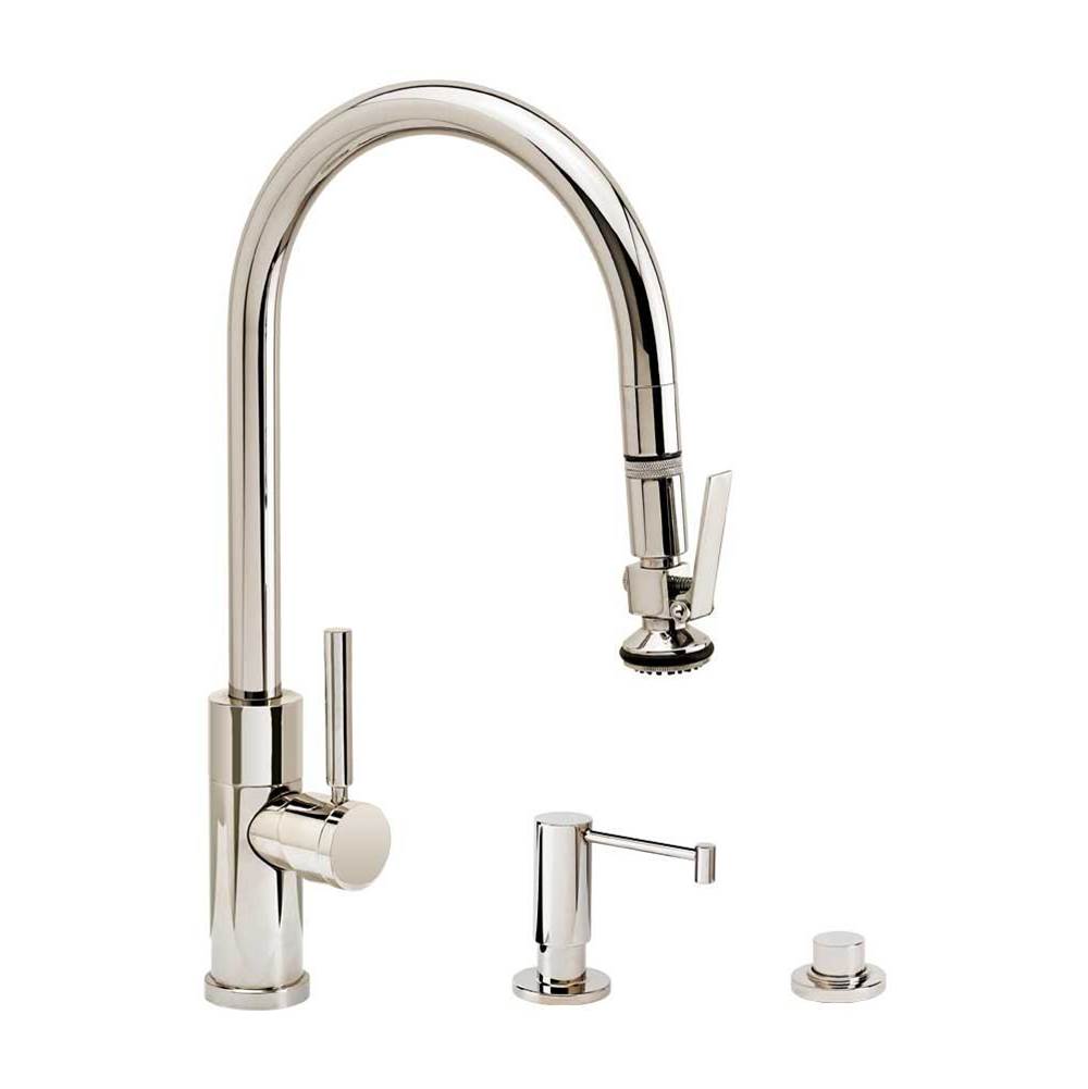 Waterstone - Waterstone Modern PLP Pulldown Faucet - Lever Sprayer - Angled Spout - 3pc. Suite - Unlacquered Polished Brass