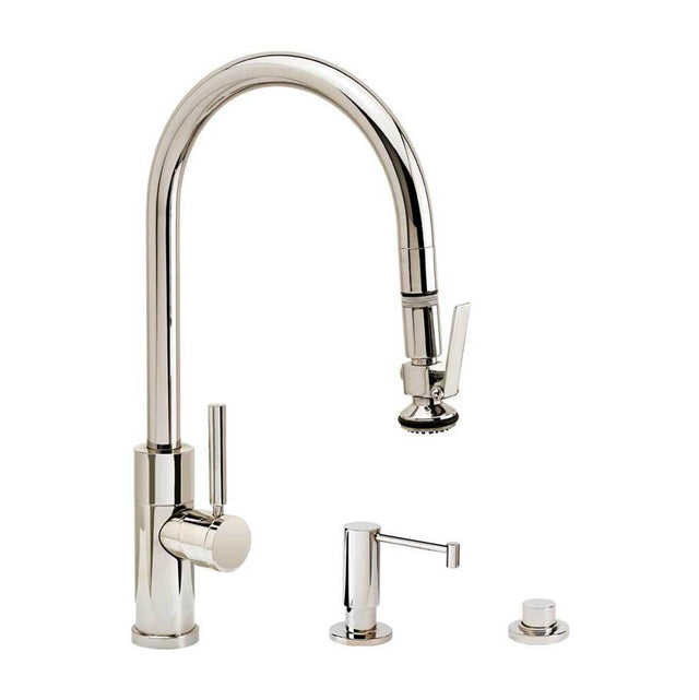Waterstone - Waterstone Modern PLP Pulldown Faucet - Lever Sprayer - Angled Spout - 3pc. Suite - Unlacquered Polished Brass