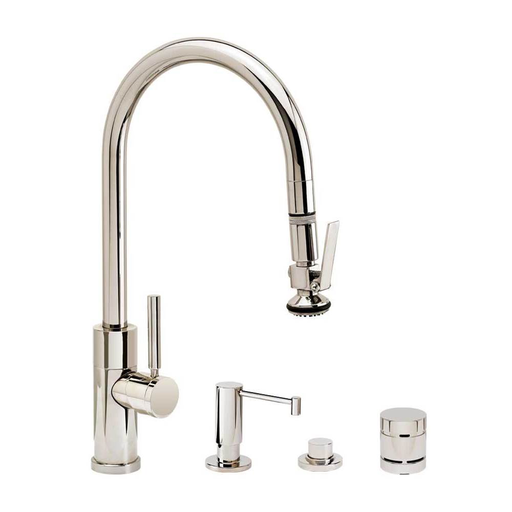 Waterstone - Waterstone Modern PLP Pulldown Faucet - Lever Sprayer - Angled Spout - 4pc. Suite - Unlacquered Polished Brass