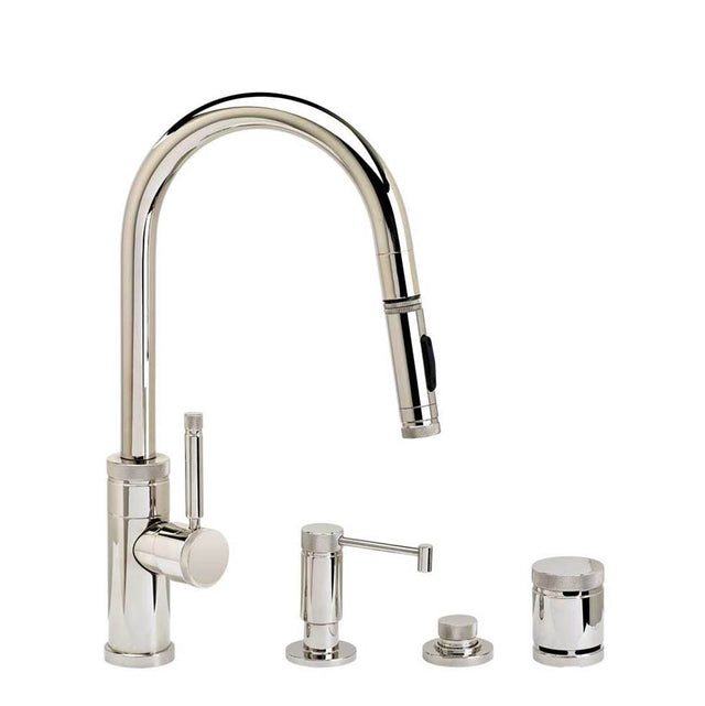Waterstone - Waterstone Industrial Prep Size PLP Pulldown Faucet - Toggle Sprayer - Angled Spout - 4pc. Suite - Unlacquered Polished Brass