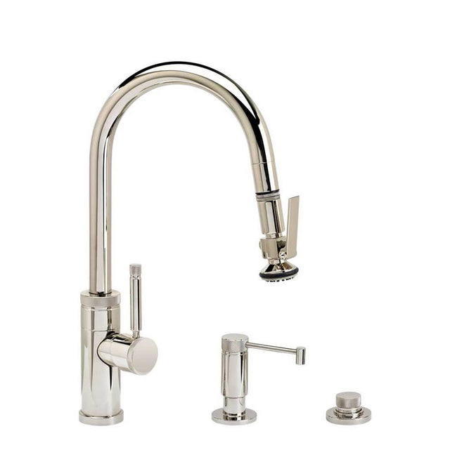Waterstone - Waterstone Industrial Prep Size PLP Pulldown Faucet - Lever Sprayer - Angled Spout - 3pc. Suite - Unlacquered Polished Brass