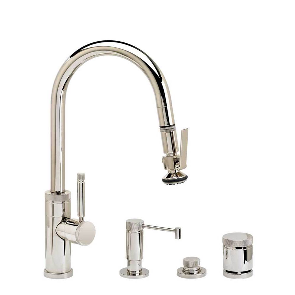 Waterstone - Waterstone Industrial Prep Size PLP Pulldown Faucet - Lever Sprayer - Angled Spout - 4pc. Suite - Unlacquered Polished Brass