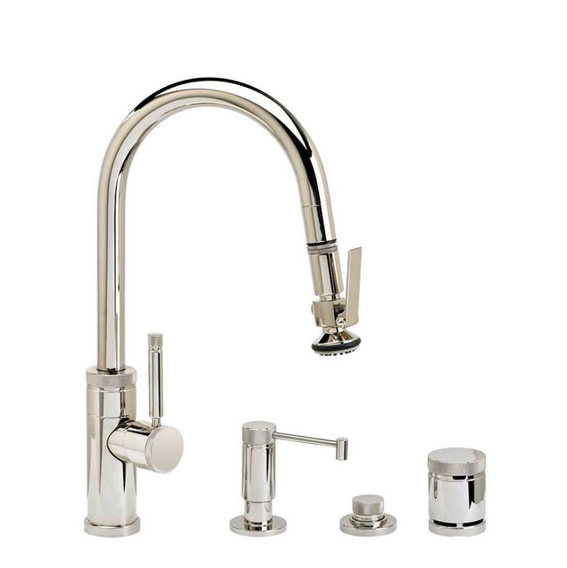 Waterstone - Waterstone Industrial Prep Size PLP Pulldown Faucet - Lever Sprayer - Angled Spout - 4pc. Suite - Unlacquered Polished Brass
