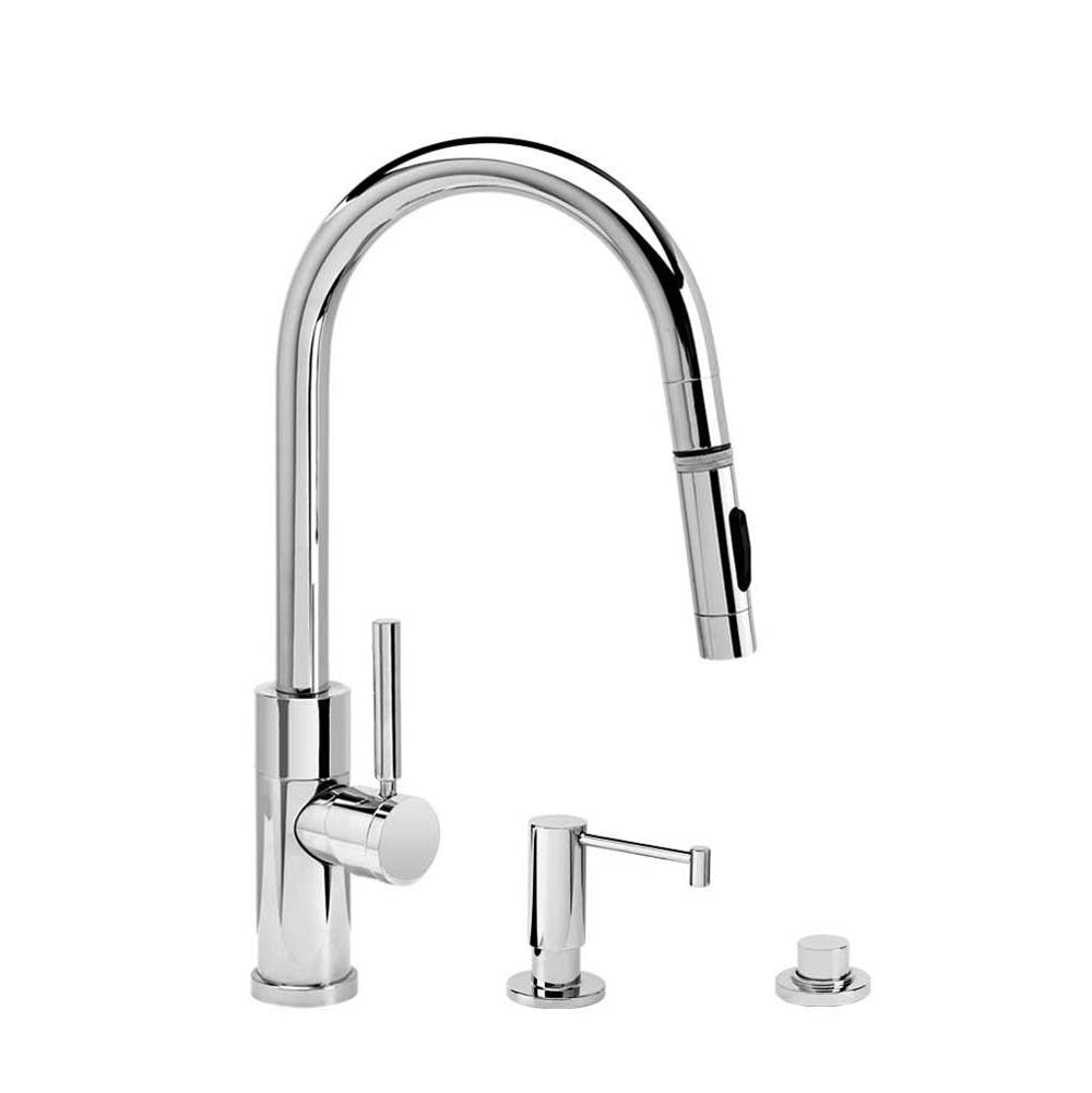 Waterstone - Waterstone Modern Prep Size PLP Pulldown Faucet - Toggle Sprayer - Angled Spout - 3pc. Suite - Unlacquered Polished Brass