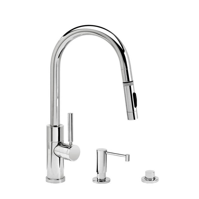 Waterstone - Waterstone Modern Prep Size PLP Pulldown Faucet - Toggle Sprayer - Angled Spout - 3pc. Suite - Unlacquered Polished Brass