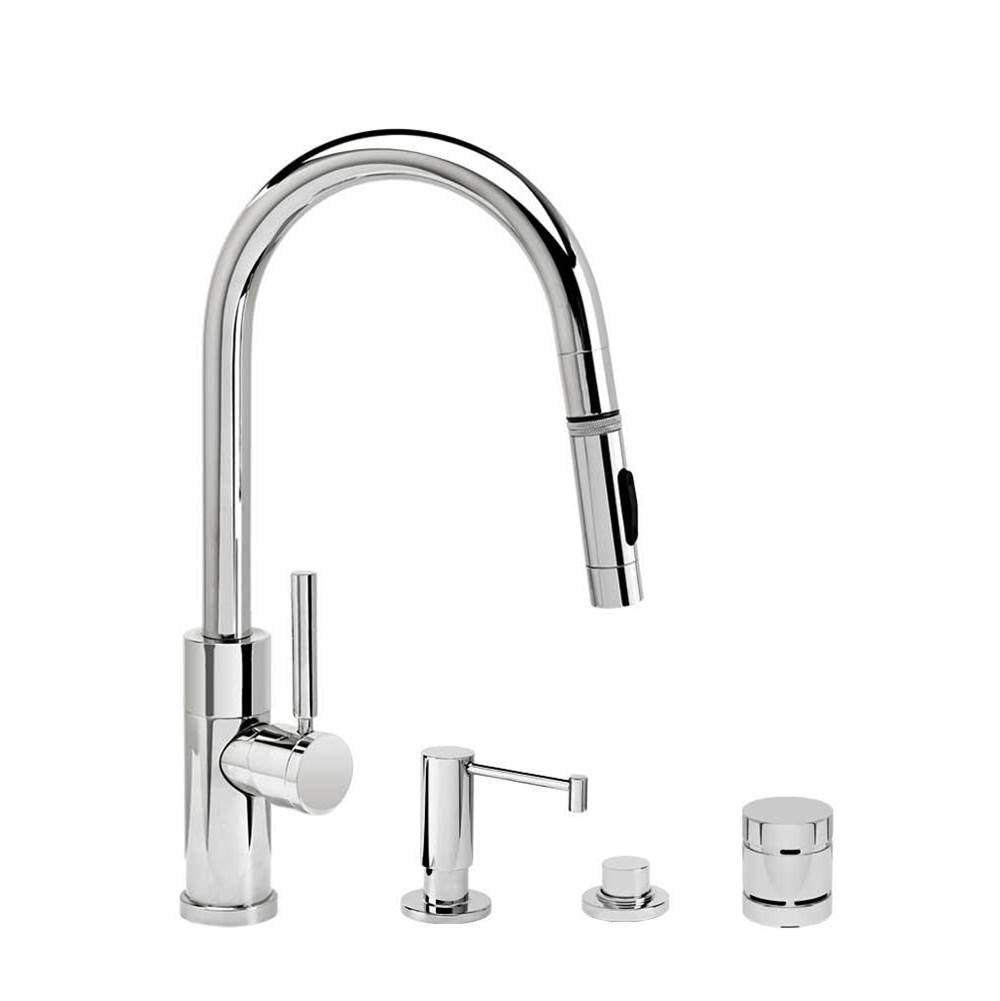 Waterstone - Waterstone Modern Prep Size PLP Pulldown Faucet - Toggle Sprayer - Angled Spout - 4pc. Suite - Unlacquered Polished Brass