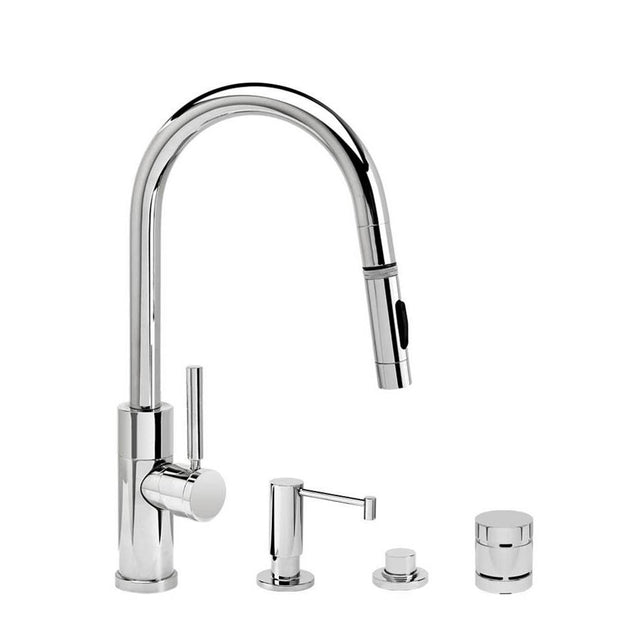Waterstone - Waterstone Modern Prep Size PLP Pulldown Faucet - Toggle Sprayer - Angled Spout - 4pc. Suite - Unlacquered Polished Brass