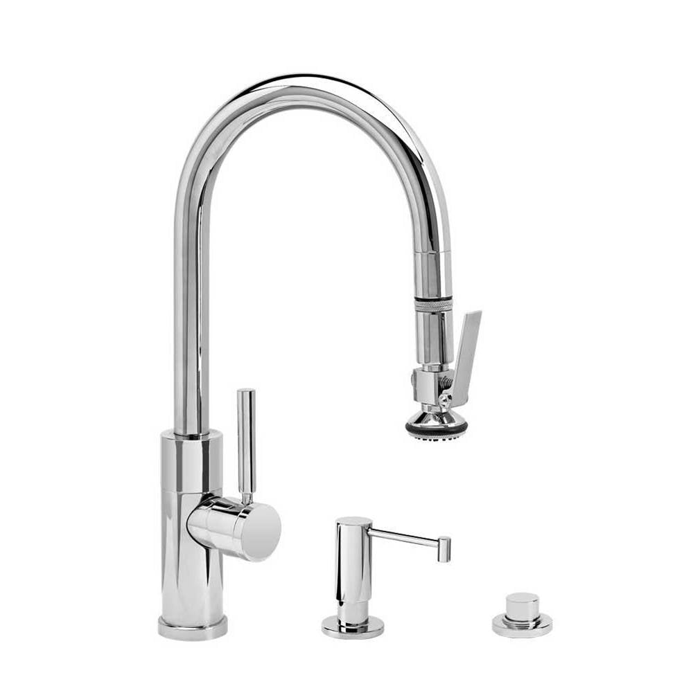 Waterstone - Waterstone Modern Prep Size PLP Pulldown Faucet - Lever Sprayer - 3pc. Suite - Unlacquered Polished Brass