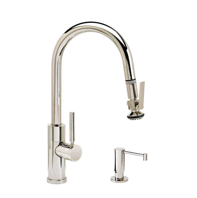 Waterstone - Waterstone Modern Prep Size PLP Pulldown Faucet - Lever Sprayer - Angled Spout - 2pc. Suite - Unlacquered Polished Brass