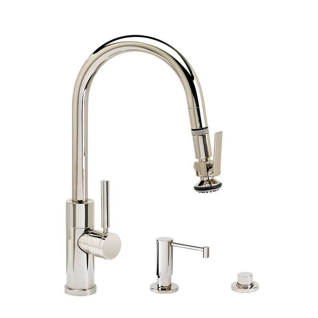 Waterstone - Waterstone Modern Prep Size PLP Pulldown Faucet - Lever Sprayer - Angled Spout - 3pc. Suite - Unlacquered Polished Brass