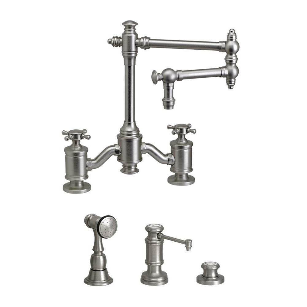 Waterstone - Waterstone Towson Bridge Faucet - 12'' Articulated Spout - Cross Handles - 3pc. Suite - Graphite