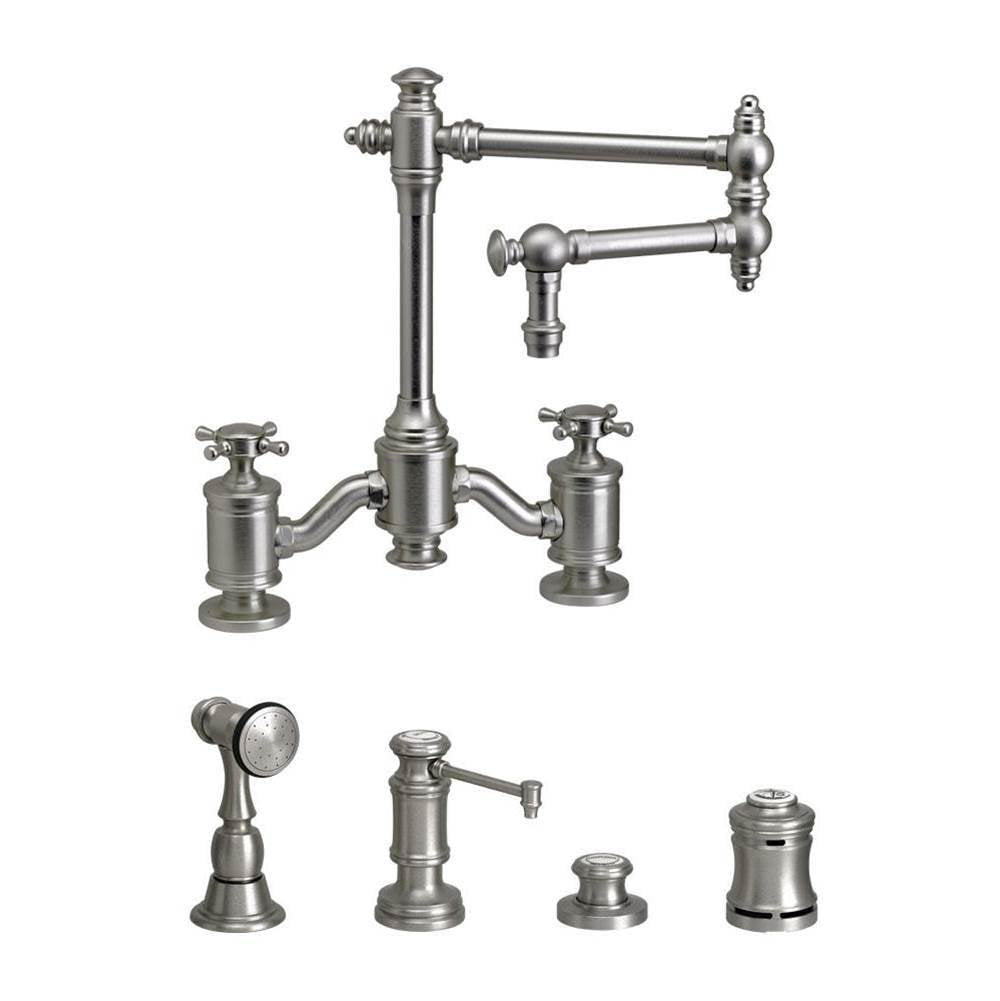Waterstone - Waterstone Towson Bridge Faucet - 12'' Articulated Spout - Cross Handles - 4pc. Suite - Graphite