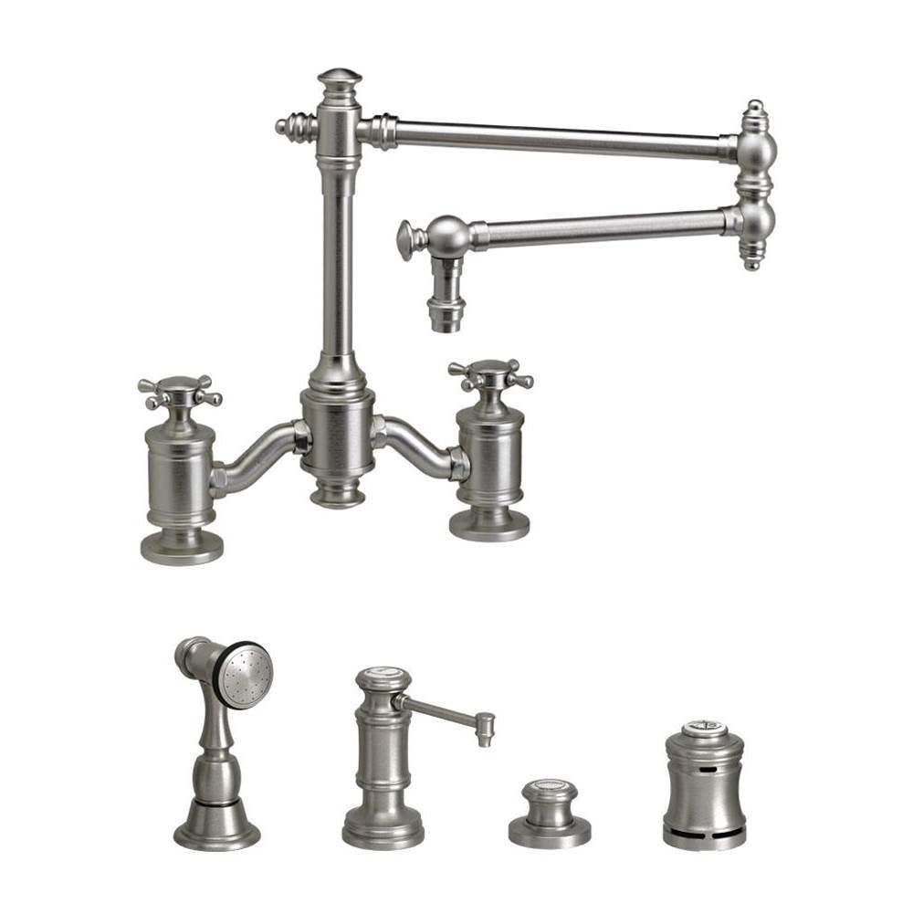 Waterstone - Waterstone Towson Bridge Faucet - 18'' Articulated Spout - Cross Handles - 4pc. Suite - Graphite
