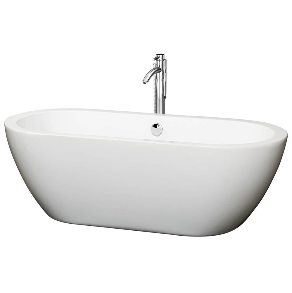 Wyndham Collection - Soho 68 Inch Freestanding Bathtub in White with Floor Mounted Faucet, Drain and Overflow Trim in Polished Chrome - White With Polished Chrome