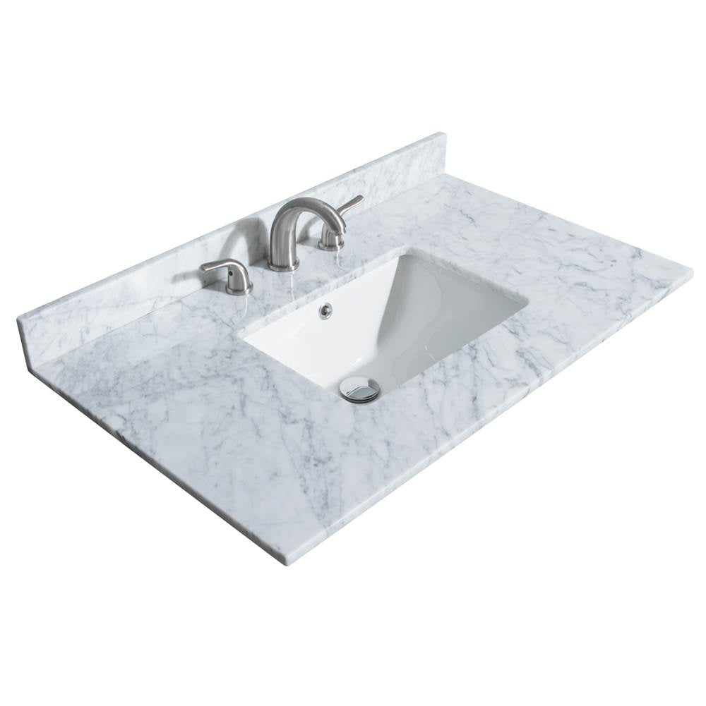 Deborah 36 Inch Single Bathroom Vanity in White, White Carrara Marble Countertop, Undermount Square Sink, Brushed Gold Trim, No Mirror