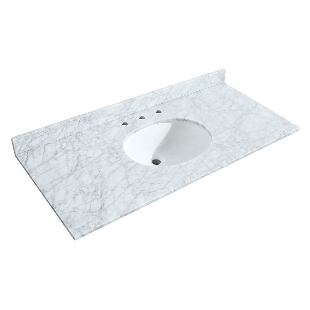 Deborah 48 Inch Single Bathroom Vanity in White, White Carrara Marble Countertop, Undermount Oval Sink, Brushed Gold Trim, 46 Inch Mirror