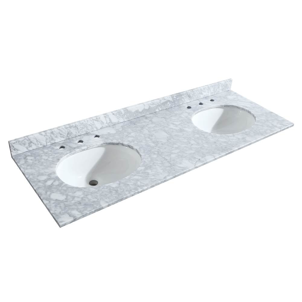 Deborah 60 Inch Double Bathroom Vanity in White, White Carrara Marble Countertop, Undermount Oval Sinks, Brushed Gold Trim, 58 Inch Mirror