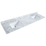 Deborah 80 Inch Double Bathroom Vanity in White, White Carrara Marble Countertop, Undermount Square Sinks, Brushed Gold Trim, 24 Inch Mirrors