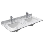 Avery 48 Inch Double Bathroom Vanity in Dark Blue, White Carrara Marble Countertop, Undermount Square Sinks, No Mirror