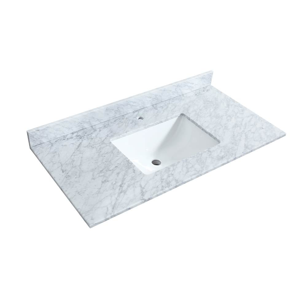 Miranda 42 Inch Single Bathroom Vanity in White, White Carrara Marble Countertop, Undermount Square Sink, Brushed Gold Trim, 34 Inch Mirror