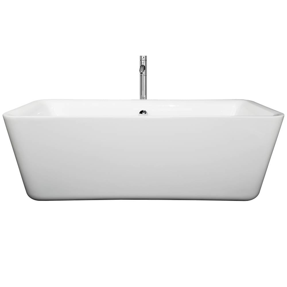 Wyndham Collection - Emily 69 Inch Freestanding Bathtub in White with Floor Mounted Faucet, Drain and Overflow Trim in Polished Chrome - White With Polished Chrome