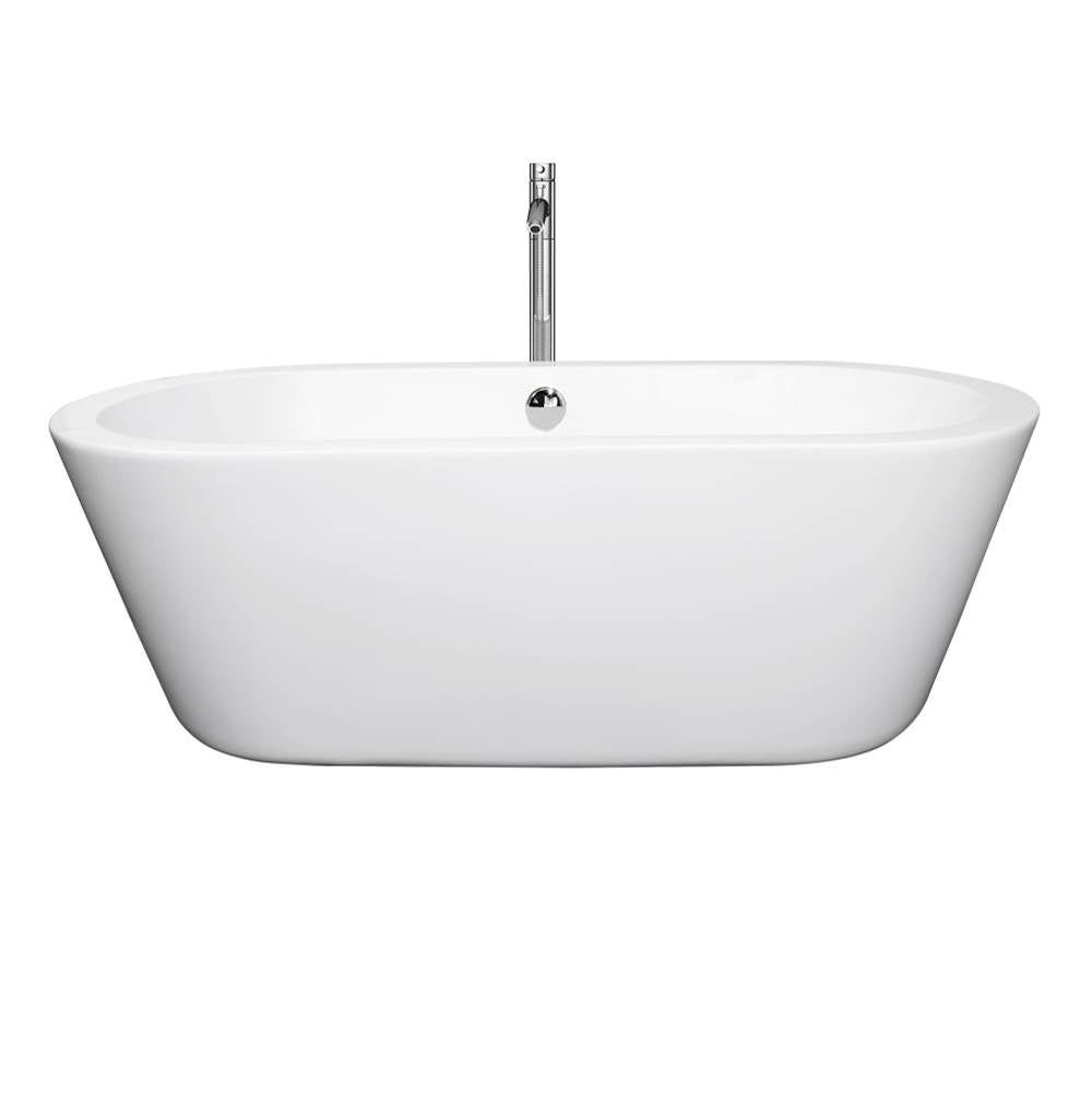Wyndham Collection - Mermaid 67 Inch Freestanding Bathtub in White with Floor Mounted Faucet, Drain and Overflow Trim in Polished Chrome - White With Polished Chrome