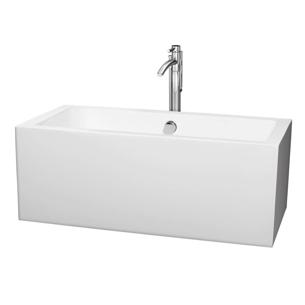 Wyndham Collection - Melody 60 Inch Freestanding Bathtub in White with Floor Mounted Faucet, Drain and Overflow Trim in Polished Chrome - White With Polished Chrome