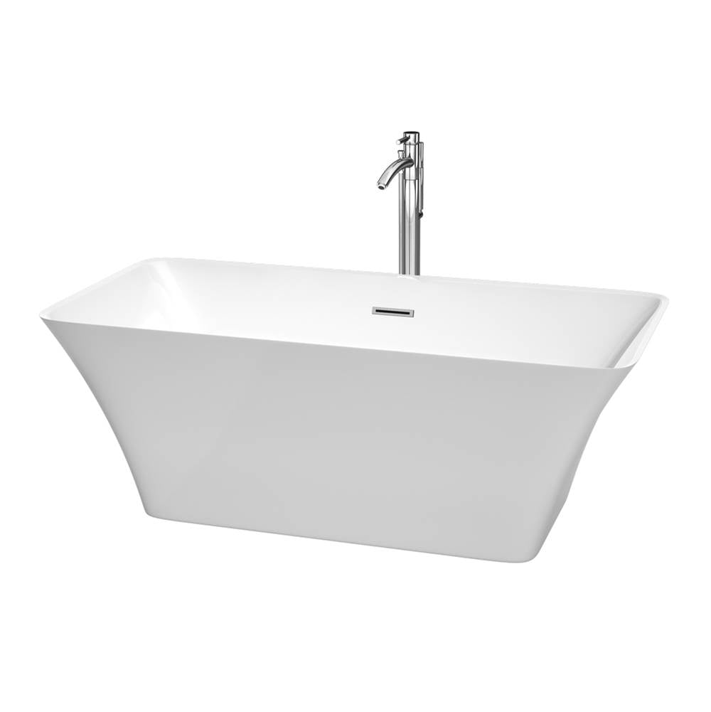 Wyndham Collection - Tiffany 59 Inch Freestanding Bathtub in White with Floor Mounted Faucet, Drain and Overflow Trim in Polished Chrome - White With Polished Chrome