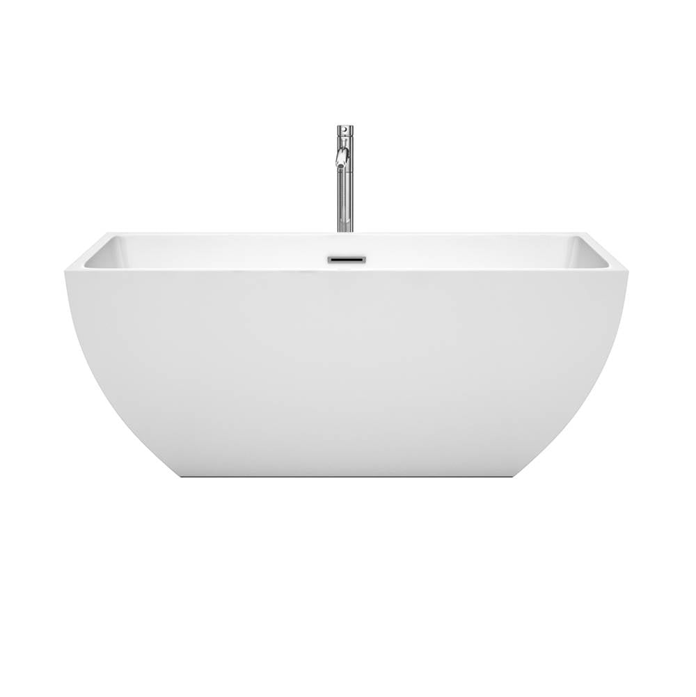 Wyndham Collection - Rachel 59 Inch Freestanding Bathtub in White with Floor Mounted Faucet, Drain and Overflow Trim in Polished Chrome - White With Polished Chrome