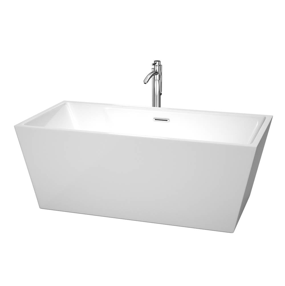 Wyndham Collection - Sara 63 Inch Freestanding Bathtub in White with Floor Mounted Faucet, Drain and Overflow Trim in Polished Chrome - White With Polished Chrome