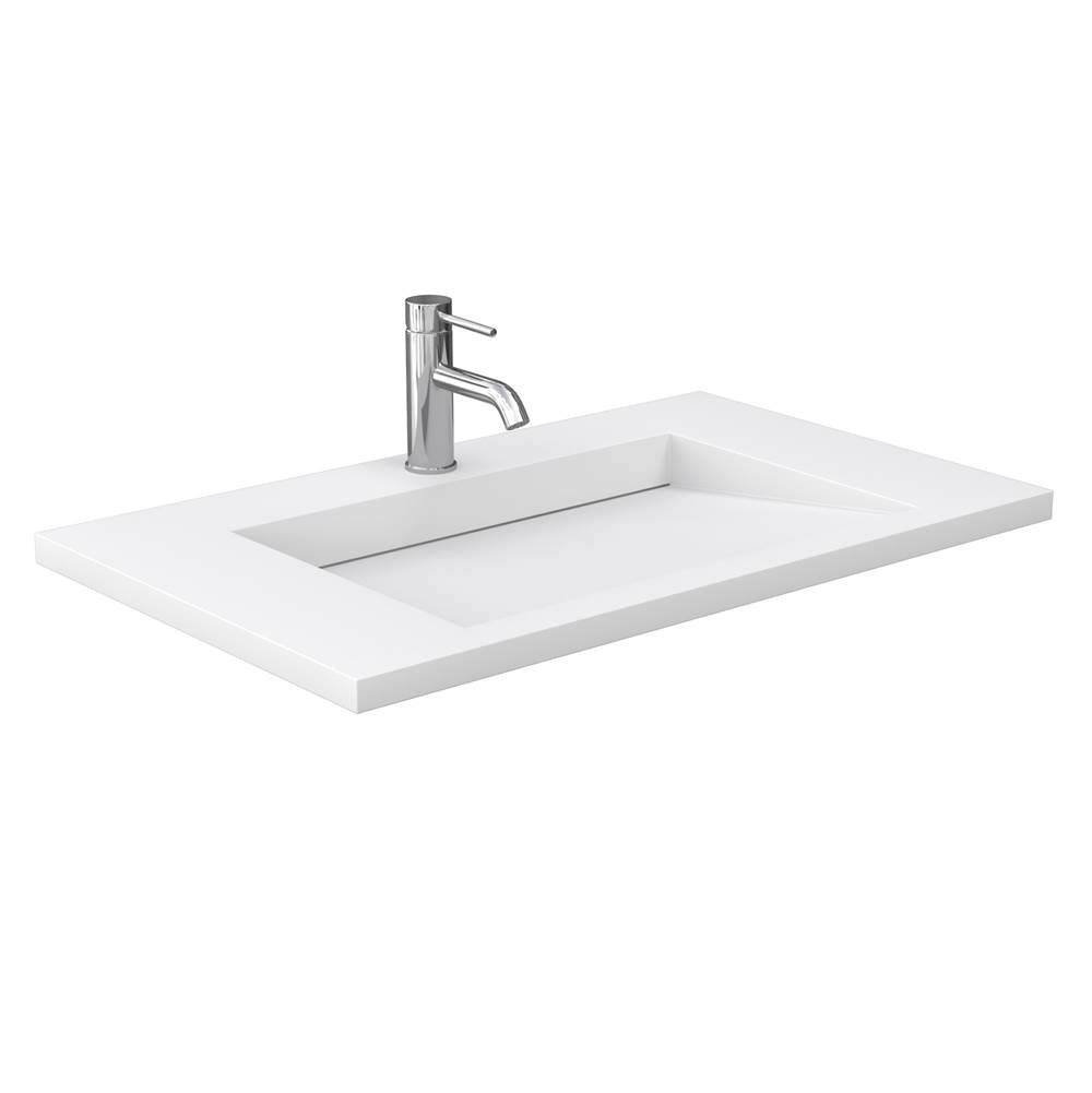 Miranda 36 Inch Single Bathroom Vanity in Dark Gray, 1.25 Inch Thick Matte White Solid Surface Countertop, Integrated Sink, Brushed Gold Trim