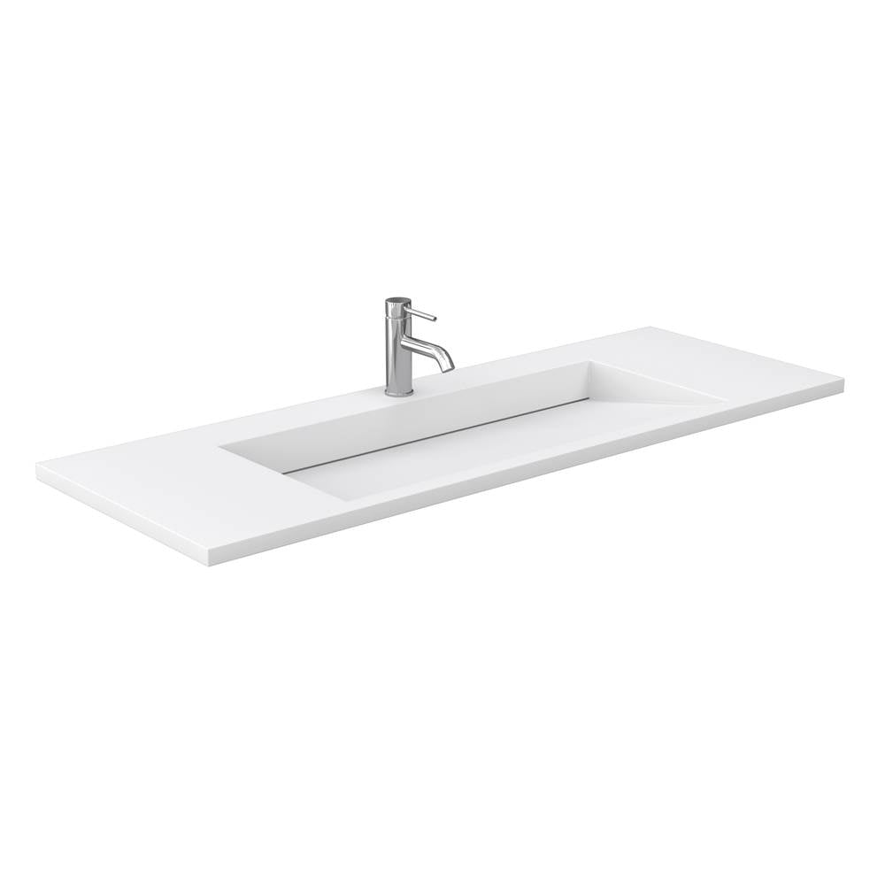 Miranda 60 Inch Single Bathroom Vanity in White, 1.25 Inch Thick Matte White Solid Surface Countertop, Integrated Sink, Brushed Nickel Trim
