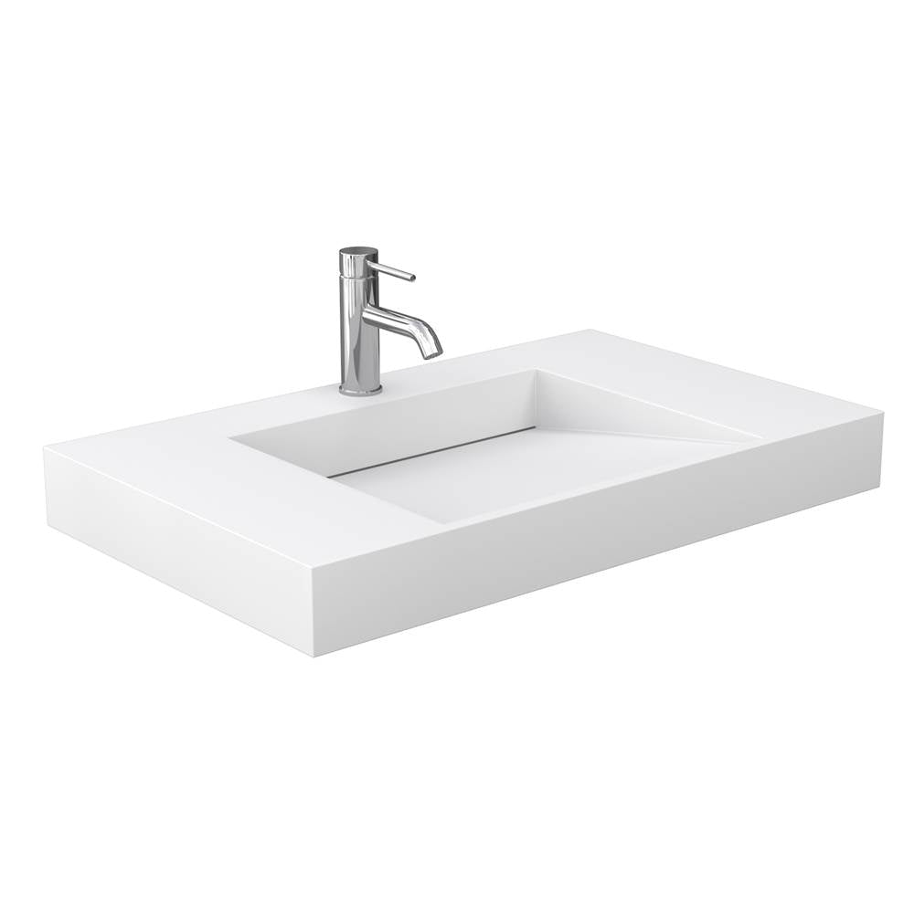 Miranda 36 Inch Single Bathroom Vanity in White, 4 Inch Thick Matte White Solid Surface Countertop, Integrated Sink, Brushed Gold Trim