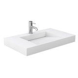 Miranda 36 Inch Single Bathroom Vanity in Dark Blue, 4 Inch Thick Matte White Solid Surface Countertop, Integrated Sink, Brushed Nickel Trim