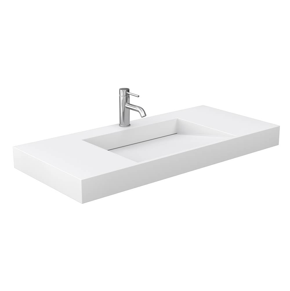 Miranda 48 Inch Single Bathroom Vanity in Dark Blue, 4 Inch Thick Matte White Solid Surface Countertop, Integrated Sink, Brushed Nickel Trim