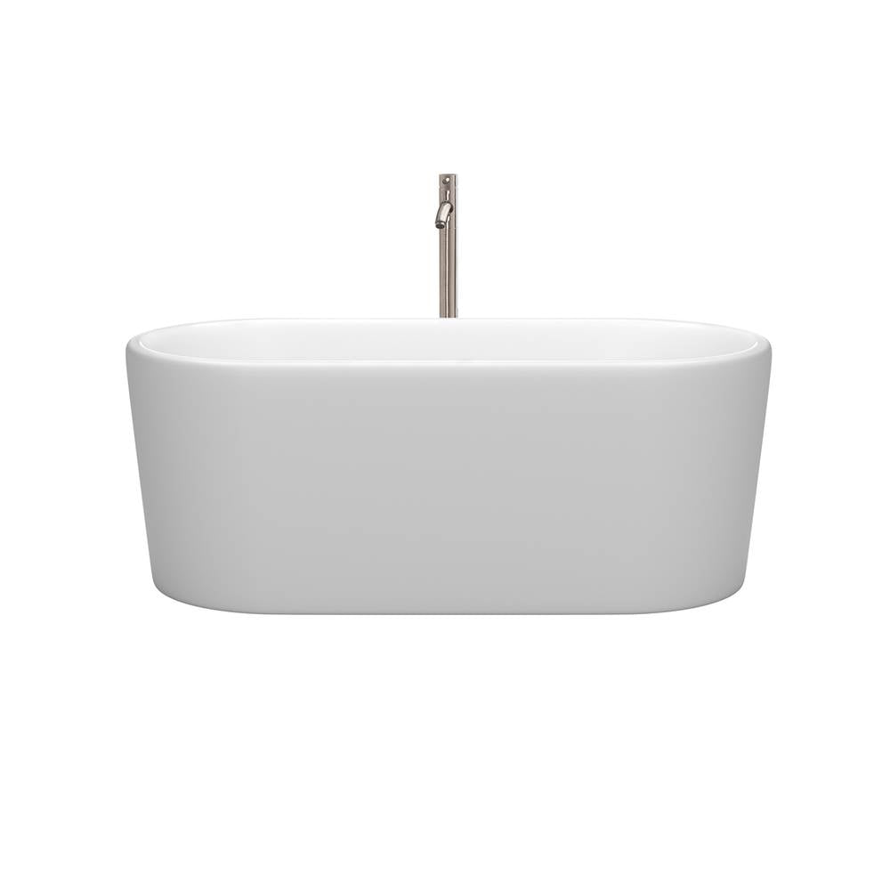 Ursula 59 Inch Freestanding Bathtub in Matte White with Floor Mounted Faucet, Drain and Overflow Trim in Brushed Nickel