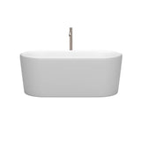 Ursula 59 Inch Freestanding Bathtub in Matte White with Floor Mounted Faucet, Drain and Overflow Trim in Brushed Nickel